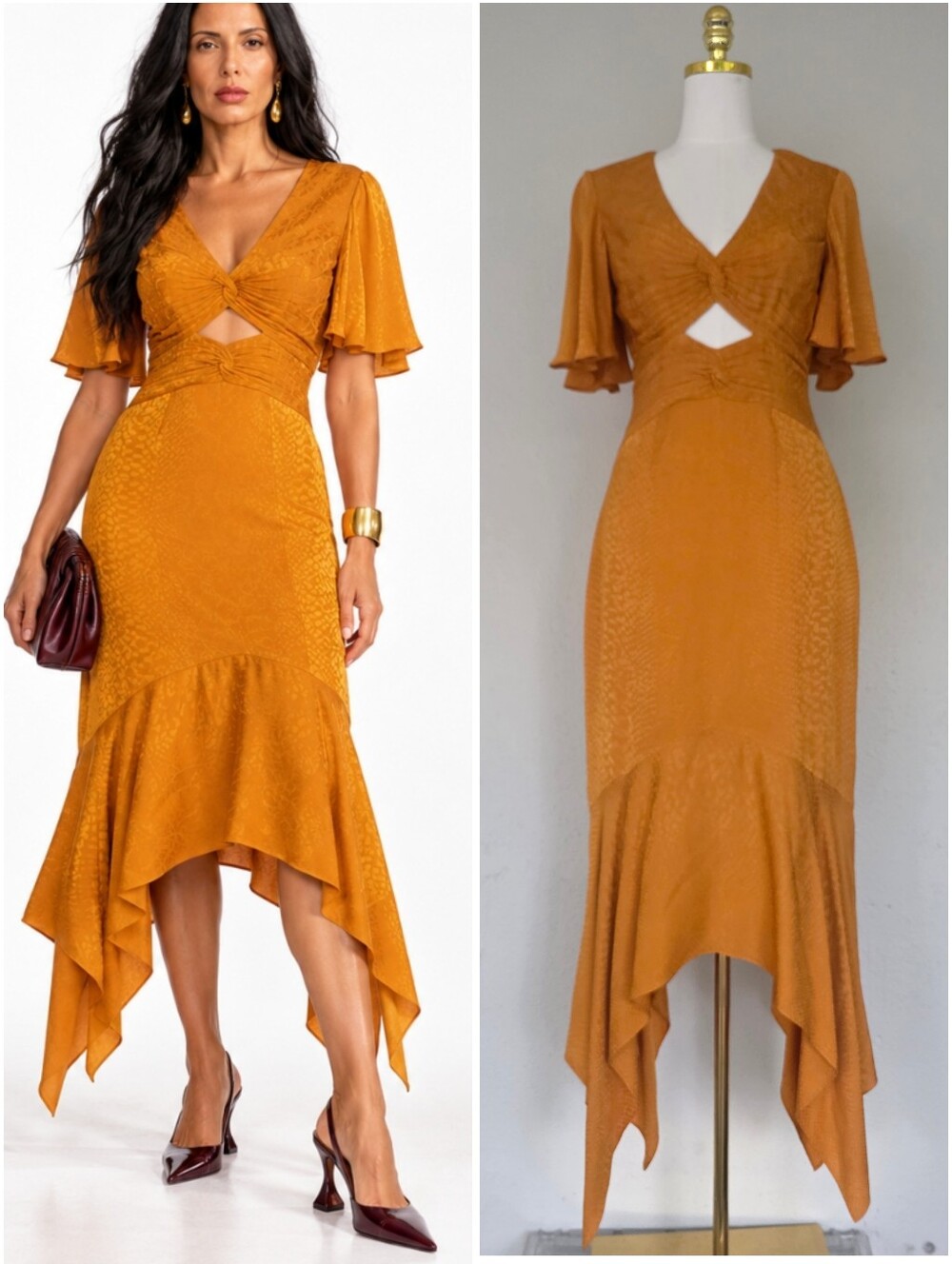 AMUR Tezza Gold Orange Jacquard Cutout Handkerchief Midi Dress Size 2